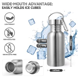 Volhoply 16oz Uninsulated Single Walled Water Bottles 2 Pack, Stainless Steel Kids Water Bottle with Handle & Carabiner, BPA Free Reusable Water Flask for Camping Hiking Biking (Silver,2)