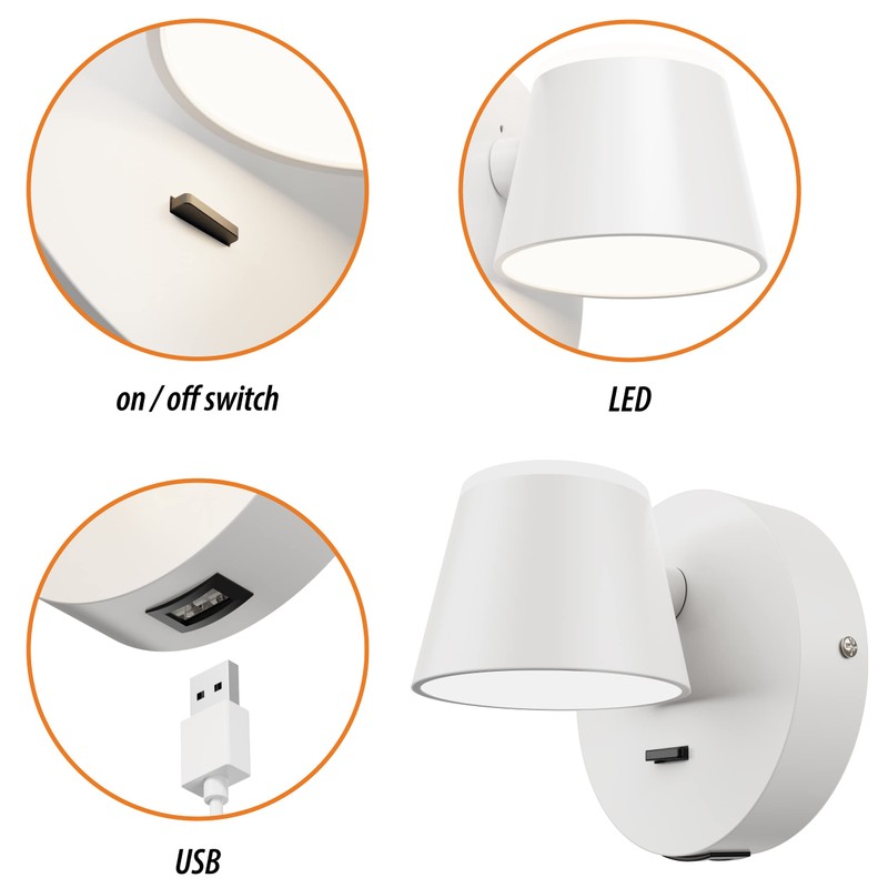 URSOLA Wall Light LED Wall Sconce with On/Off Switch USB
