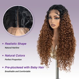 Rebecca Q Lace Front Wig Ombre Brown Long Deep Wave Curly Wigs for Women Synthetic Natural Crimps Curls Lace Frontal Wig 24 Inches T-Part Preplucked Hairline Wig with Baby Hair
