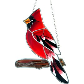 Red Cardinal Decor Stained Glass Bird Window Hanging Suncatcher for Window Decorations Ornament Farmhouse Cardinal Memorial Gifts on Branch for Bird Lovers Mom, Grandma