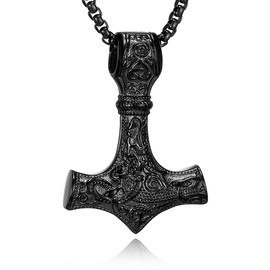 HSWYFCJY Thor's Hammer Necklace Men's Wolf King Chain Old Silver Gold Mjölnir Hammer Viking Jewellery Length 20/24/28 Inches, Stainless Steel