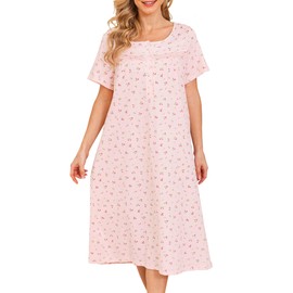 Bloggerlove Cotton Nightgowns for Women Sleepwear Short Sleeve House Dress Adorable Pink Nightgown Button Up Dress Long Sleep Dress Soft Lace Night Gown for Ladies Grandma Nightgown S