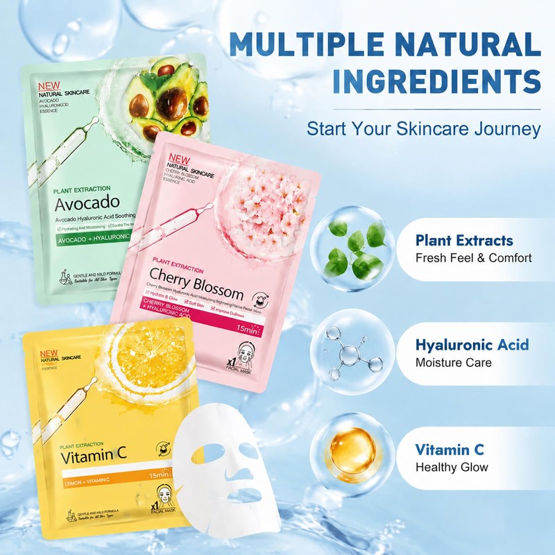 18PCS Face Masks Skincare,Hydrating Sheet Face Masks Skincare for Women