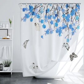 LIVETTY Blue Shower Curtain Butterfly Floral Shower Curtains Plant Bathroom Decoration Fabric Bath curtain With 12 Hooks Washable Quick-Drying Curtains