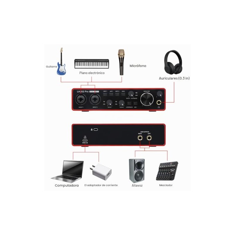 Interfaz de audio USB para grabación de música en computadora