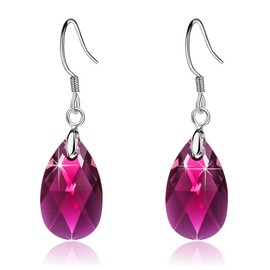 Austrian Crystal Teardrop Dangle Earrings for Women Drop Hook Earring 925 Sterling Silver Hypoallergenic Jewelry (Fuchsia)
