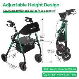 Ambliss Rollator Walker with Seat for Seinors, 300 lbs Adjustable Height Rolling Walker with Basket & Backrest, Foldable Lightweight 8" Wheels Rollator Walkers with Cup & Cane Holder for All Terrain