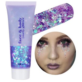 Go Ho Lavender Purple Body Glitter Gel,Purple Mermaid Face Glitter Makeup,Holographic Chunky Sequins Glitters for Eye Lip Hair Nails,Festival Glitter Rave Accessories,52g