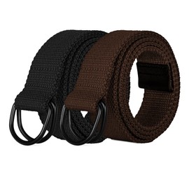 PBF - Cinturón de lona para hombre y mujer con hebilla de anillo en D negro, 1 1/2 pulgadas de ancho, tamaño pequeño a grande, paquete de 2 colores sólidos, Negro y marrón, 42" - 46"