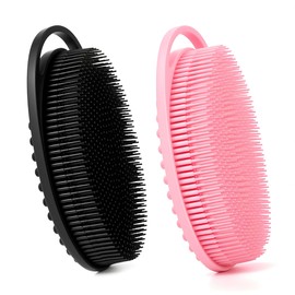 Soft Silicone Body Scrubber Loofah - 2 Pack Rubber Loofah 2 in 1 Bath and Shampoo Brush, Silicone Body Shower Brush Scrubber Cleaning Exfoliating Use for Sensitive Skin, Lather Well, Black and Pink