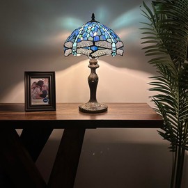 enjoy decor lamps Tiffany Table Lamp Blue Stained Glass Dragonfly LED Bulb Included Pull Chain Switch for Living Room Bedroom Bedside 12" W*12" D*19" H