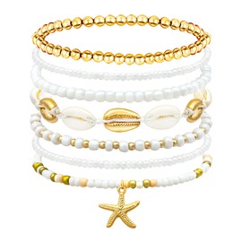 yfstyle Boho Beach Ankle Bracelets Summer Ocean Starfish Seashell Anklets for Women Waterproof Ocean Jewelry Gifts White