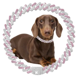 Pink Dog Chain Collar, Diamond Cuban Link Dog Collar Dog Necklaces Rhinestone Bling Glitter Metal Choke,Pet Jewelry for Puppy Small Medium Large Dogs (Pink 24inch)