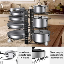 Pot Rack Organizer, 3 DIY Methods, Height and Position are Adjustable - 8 Pots Holder, Metal Kitchen Cabinet Pantry Pot Pan Lid Holder (BLACK)