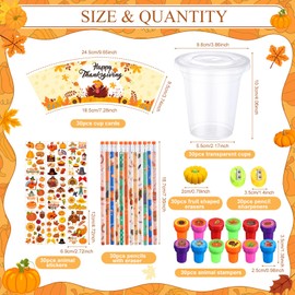 Chivertion 210 Pcs Thanksgiving Party Favors Fall Pumpkin Stationery Set Happy Thanksgiving Day Stamps Pencils Sharpener Erasers Stickers Cups for Autumn Harvest Classroom Party Gift Exchange Prizes