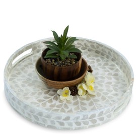 CLAYNIX Serving Tray 12.5 Inch, Lacquer Mother of Pearl Inlay Mosaic Tray, Round Wooden Marble Tray with Handles Trays for Tea, Breakfast (White)