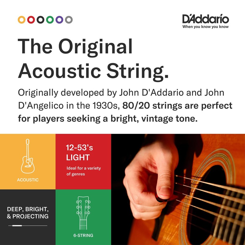 D'Addario Acoustic Guitar Strings, 80/20 Bronze, EJ11, Light Gauge 12-53,
