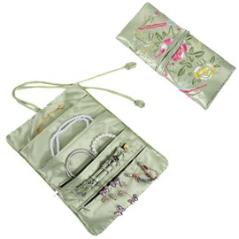 Embroidery Travel Jewelry Bag Roll, Embroidery Jewelry Organizer Roll, Jewelry Travel Bag, Embroidered Flower and Bird Brocade Organizer with Tie, Foldable Ancient Style Pouch, Jewellery Organizer