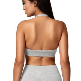 YEOREO SoftHue Women Halter Sports Bra Workout Seamless Padded Basic Bra Open Back Yoga Gym Crop Top Feather Beige-M
