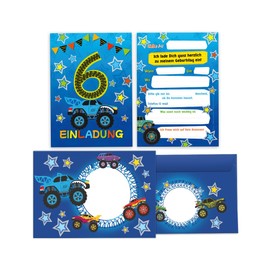 Junapack 12 Invitation Cards with 12 Envelopes for 6th Birthday Party Boys Monster Truck Car Birthday Invitations