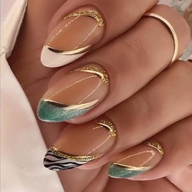 Short French Tip Press on Nails Almond Nails Press ons Medium Fake Nails with Glitter Designs Glossy Oval False Nails Green Gold White French Tip Nails Press ons Short Colorful Acrylic Glue on Nails