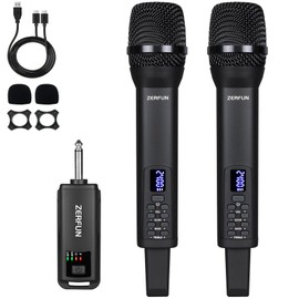 ZERFUN Dual Rechargeable Wireless Microphones, Pro Handheld Cordless Mics System with Echo Treble BASS VOL Control for Karaoke Singing Church Party, 1/4'' Output, Black