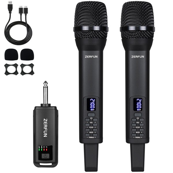 ZERFUN Dual Rechargeable Wireless Microphones, Pro Handheld Cordless Mics System