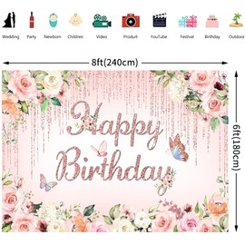 2.4 x 1.8 m Photo Background Birthday Rose Gold Floral Butterfly Happy Birthday Sign Photography Background Women Girls Princess Birthday Party Decorations Banner Photo Studio Props