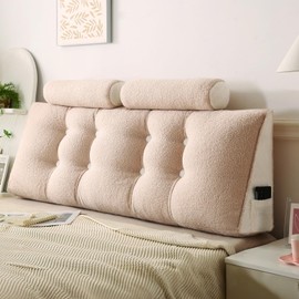 Lucky Monet Headboard Wedge Pillow King 79x8x20 inches with 2 Neck Roll Pillows, Backrest Bolster Triangular Headboard Pillow, Soft and Supportive Bed Wedge Pillow for Sitting and Sleeping, Beige