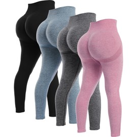 NORMOV 4 Piece Butt Lifting Workout Leggings for Women, Seamless Gym Scrunch Booty Lifting Sets(Black/Grey/Blue/Pink, L)