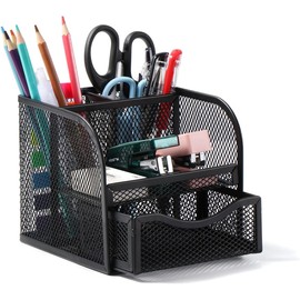 FORKLS Desk Organiser - Metal Mesh Pen Holder with 4 Storage Compartments and Pull-Out Drawer - Compact Stationery Holder for Office Supplies, Home & School