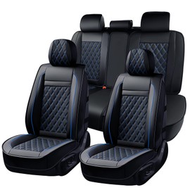 Huidasource Car Seat Covers, Truck Seat Covers 5 Seats Side Open Design Airbag Pops Out, Full-Cover Leather Seat Covers Waterproof, Universal Fit for Most Cars,Vans,Trucks,SUVs (Full Set/Black&Blue)