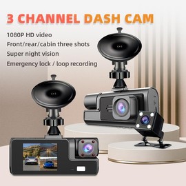 VAVUPO 3 Channel Dash Cam Front And Rear Inside, 1080P Dash Cam IR Night Vision, Loop Recording Car DVR Camera 3 Lens With 2.4 inch Screen 3 Cameras Car Dashcam, Car Black Box Recording At Same Time - Color: Dual lens+32G card