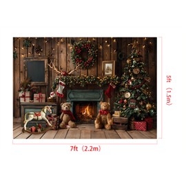 Kate Photography Backdrops 2.2x1.5m/7x5ft Christmas Fireplace Brown Wooden Room Toy Bear Christmas Tree Kids Family Portrait Decoration Background Photo Studio
