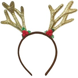 Topkids Accessories Christmas Headbands for Adults and Kids, Reindeer Christmas Hat - Deer Horns Antlers Red Nose Reindeer, Christmas Head Accessories, Christmas Hats Adult (Glitter Gold w/Holly)
