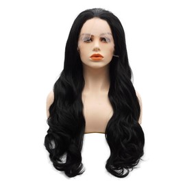 LUSHY BEAUTY Hair Synthetic Lace Front Wig Wavy Long 24inch Black Heavy Density Heat Resistant Realistic Wig