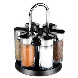 Home Basics 6 Piece Revolving Spice Rack, Black with Silver Accents, Glass, Chrome, Stainless Steel, Art Deco, 6.3 x 6.1 x 9.1 inches, Portable, Small Kitchen Organization, Cooking and Baking