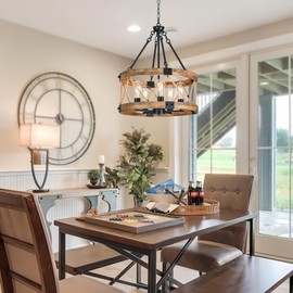 5-Light Farmhouse Chandelier for Dining Room Kitchen Island, Vintage Wood and Black Metal Finish 19.7 Inch Round Pendant Hanging Drum Light Fixture for Foyer Entryway Living Room