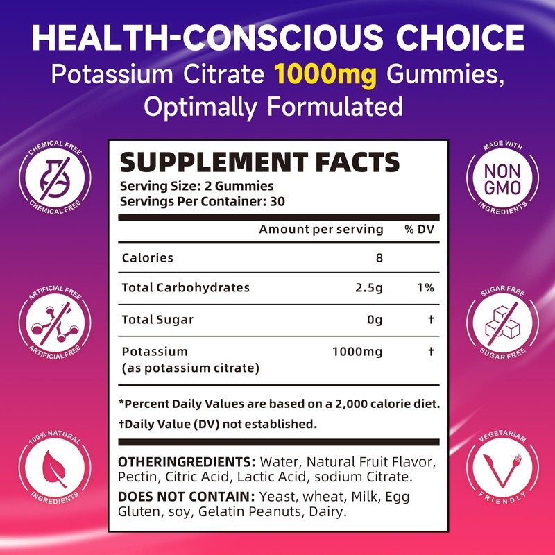 Potassium Citrate Gummies for Adults, Sugar-Free Potassium Gummies 1000mg Support