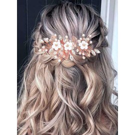 Unicra Tocado de novia con flores plateadas, hojas de parra, accesorios para el cabello con diamantes de imitación, tocados de cuentas, joyería para mujeres y niñas (oro rosa)