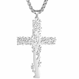 Jude Jewelers Stainless Steel Christian Cross Tree of Life Religious Prayer Church Christmas Baptizing Pendant Necklace (Silver)