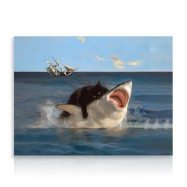 Dazzlewall Funny Cat and Shark Wall Picture, Whimsical Black Cat Bites Shark Painting Picture for Bedroom, Bathroom Decor, 30 x 40 cm, without Frame