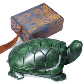 gemshan Jade Turtle Green Natural Hand Jade Carved 8 cm Art Animal Figure for Home Office Decoration with Happiness