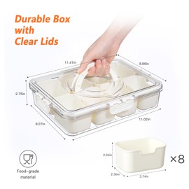 Divided Serving Tray with Lid and Handle, Clear Snackle Box Container, Portable Big Snack Charcuterie Container, 8 Compartments, Sturdy & Airtight, for Picnic
