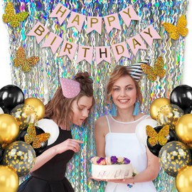 Foil Fringe Curtain, Pack of 2 Tinsel Backdrop, Birthday Party Decorations, Streamer Backdrop Foil Curtains, Graduation Decorations (Wavy Holographic-Silver)