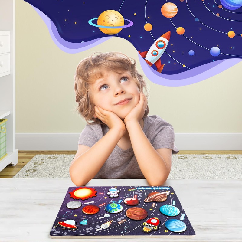 Wooden Solar System Puzzle for Kids, Montessori Toys Movable Planets