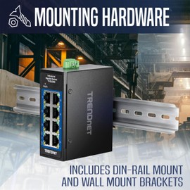 TRENDnet 8-Port Industrial Gigabit DIN-Rail Mini Switch, TI-GLC80, 8 x Gigabit Ports, Extreme Temperature IP30 Rated, 16Gbps Switch Capacity, Black