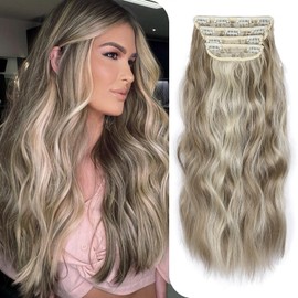 Clip in Synthetic Highlight Hair Extensions Long Wavy 4PCS Thick Hairpieces Ash Brown Mixed Platinum Blonde Fiber Natural Hair Extensions 20 Inch for Women