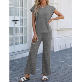 NORACORA 2 Piece Outfits for Women Lounge Sweater Sets Knit Cap Sleeve Tops Matching Wide Leg Pants Set Dressy Casual Loungewear Clothing