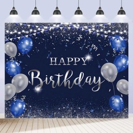 Happy Birthday Backdrop 10x8ft for Men Boys Navy Blue and Silver Happy Birthday Banner Decorations Large Birthday Party Photo Background Poster for Women Girls Supplies Polyester Fabric
